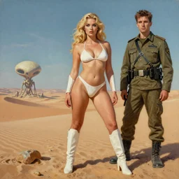 A mixed media portrait painting of a beautiful blonde woman posing on a desert alien planet, soldier, very curvy, aesthetic! white style bikini-armor and boots, aesthetic symmetrical face and eyes, Scandinavian, by Boris Vallejo, Beeple, Frank Frazetta, Greg Rutkowski, Christian MacNevin, Alphonse Mucha, epic fantasy character art, high fantasy, CGsociety, 60's Sci-fi Pinup style, exquisite detail, post-processing, masterpiece, cinematic