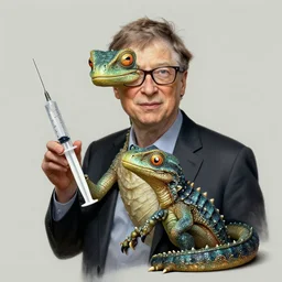 a reptiloid as a bill gates!!!, holding a syringe!!, portrait, intricate, elegant, highly detailed, digital painting, artstation, concept art, wallpaper, smooth, sharp focus, illustration, art by h. r. giger and artgerm and greg rutkowski and alphonse mucha