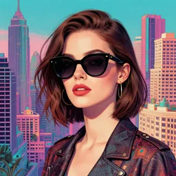 A woman wearing sunglasses in front of a retrowave city by Artgerm and Greg Rutkowski and Magali Villeneuve, ultra intricate details, HDR,