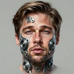 symmetry!! brad pitt, machine parts embedded into face, intricate, elegant, highly detailed, digital painting, artstation, concept art, smooth, sharp focus, illustration, art by artgerm and greg rutkowski and alphonse mucha, 8 k