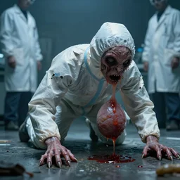 a wet skin creature in broken laboratory protective clothing under stage light, crawling humanoid monsters, saliva, membrane pregnancy sac, respiratory flap, super realism, claws, octane rendering, cinematic. white, grey blue and golden red color scheme. medium shot, 2 4 mm, lens dust, labcoats, david fincher, james wan, gritty, moody, eerie, dark arts