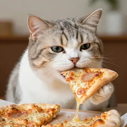 Photo of A very fat cat eating a slice of pizza