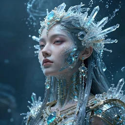a highly lifelike beautiful divine tribal high priestess water with adornments of crystals wide hdr whole infinite capsule apparent with awe an idea seep's into infinity, face axonometric mechanical fantasy intricate elegant, in void of latent space, volumetric lighting h 5 1 2