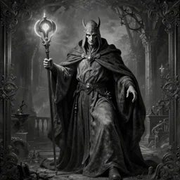 a powerful necromancer | greyscale image | baroque art