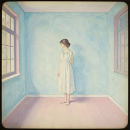 a lonely girl in an empty room, colored daguerreotype, by mucha, by Mackintosh, bright pastel colors,