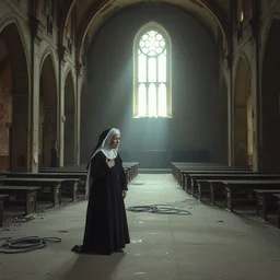 an elderly nun praying in an abandoned, dusty, crumbling church