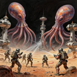 space soldiers shoot at giant alien squids on martian space stations, colored pencil, highly detailed, highly accurate, deep aesthetic, highly ornate intricate details, cinematic lighting, rich colors, ray tracing, hyperrealistic, cinematic landscape, trending on artstation, art by artgerm and mizutani shion