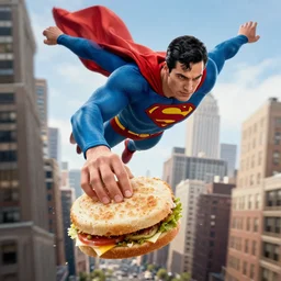 Superman flying over New York, drops his sandwish