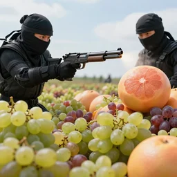 “grapefruit shooting his machine gun into a crowd of grapes, award winning picture, fruit massacre, ninjas in Russia, hyper realistic”