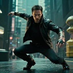 fast fit good looking man in bullet time, action pose, like matrix, cyberpunk, photorealistic, highly detailed, masterpiece