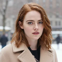 emma stone in beige coat, close up face, winter new york, snow, artwork by gaston bussiere, craig mullins, trending on artstation