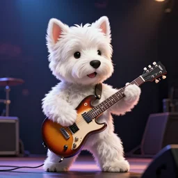 a high detail shot of an Anthropomorphic west highland white terrier Guitarist, playing electric guitar, on rock concert stage, photorealism, sharp focus, volumetric lighting, epic lighting, artstation, cgsociety, uhd