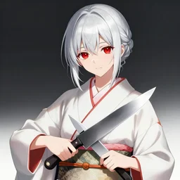 advanced digital anime art, photograph , elegant woman with silver and red eyes wearing a kimono and cutting long black hair holding a katana while looking in the reflection of a glass window, painted by RossDraws in the style of Makoto Shinkai, very high detail, medium sensor , Gaussian blur, f/stop, 35mm lens, —W 1920 —H 1080