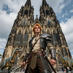 a hyper real comic book style portait painting of the cathedral of cologne germany in the stone age with dinosaurs, unreal 5, hyperrealistic, octane render, cosplay, rpg portrait, dynamic lighting