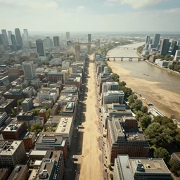 London from above, the streets are full of sand, the Thames is dry, there's a heatwave and a mirage effect, apocalyptic future, anamorphic, cinestill cinematrography, unreal engine, 8k