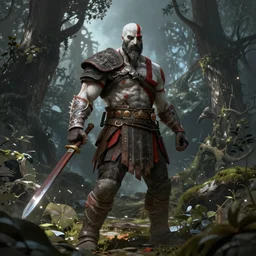 kratos from god of war in the fantasy forest, digital art, 8k