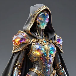 cybernetic crystal assassin, trending concept portrait, smooth matte 3 d artwork, realistic, intricate linework, beautiful spectrum of colorful gems on ornate dark grey armor cloak, bright colors, sharp focus, glowing, hooded, gothic baroque! gold!, specular, futuristic, detailed, moody, magical, wlop, chebokha, rutkowski, artgerm, shinkai