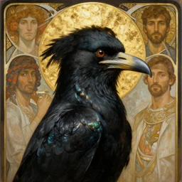 portrait painting of a stunning empfess of ravens, artstation, mymodernmet, by sangsoo jeong, by soey milk, by brad kunkle, by amir ershadi, by ben enwonwu, by alphonse mucha, gold foil aureola, black iridescent feathers, divine, saint, mixed media