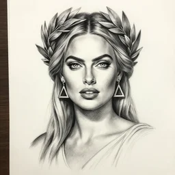 realism tattoo sketch of margot robbie as a beautiful greek goddess aphrodite with piercing eyes wearing a laurel wreath and triangle earrings, in the style of greg rutkowski, amazing detail, confident