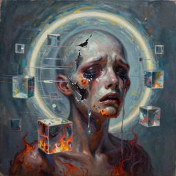 glitchy cubes, magic halo, broken soul, deep sickness oil paint, surrealist highly detailed at, ethereal, trending on art station, emotional surrealism oil painting, tears, crying, glitching squares, very very very very very trippy, aged damaged on edges, hell fire pain