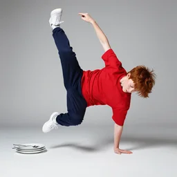A boy with red hair wearing a red T-shirt, dark blue pants and white shoes. The boy is breakdancing with plates and cutlery
