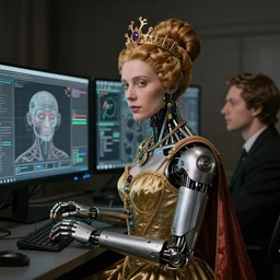 a portrait of cyborg queen jacked into a man-machine interface by Jan van Eyck