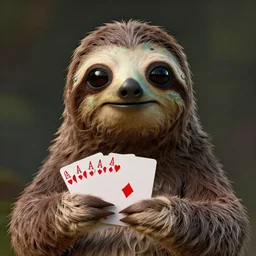 a sloth wearing an ancient alien mask holding a deck of playing cards, hyper detailed, masterpiece, artstation, advanced lighting technology, stylized yet realistic surrealism, 4 k wallpaper