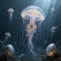 8 k photography cyborg deep - sea ribbon jellyfish shark egg swirling around subsurface scattering shiny translucent, wide shot, futuristic, light shafts, hyper - realistic, highly detailed and intricate, ornate, luxury, elite, horror, creepy, ominous, haunting, cinematic, smoky, atmospheric
