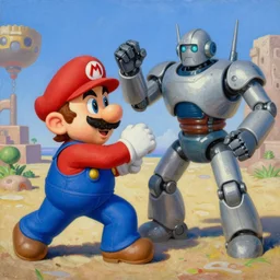 A beautiful oil painting of Mario Bros fighting against a robot