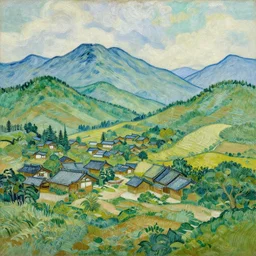 Japanese village in the mountains painted by Van Gogh