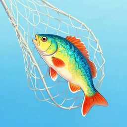 catching a colorful fish in a net, concept art, illustrated, highly detailed, high quality, bright colors, optimistic,