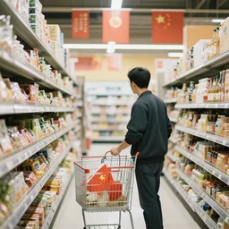 “ a man in an asian supermarket shopping for flags”