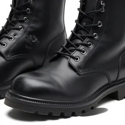 close - up black work boots, hyper realistic, textured leather, laces, thick soles
