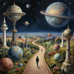 a whimsical masterpiece matte painting of a winding path through outer space sci - fi worlds, surreal planets designed by heironymous bosch, megastructures inspired by heironymous bosch, vast surreal landscapes and horizon by asher durand and cyril rolando and natalie shau, insanely detailed, elegant, cool