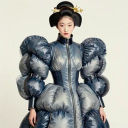a copic maker art nouveau portrait of a real japanese model girl detailed features wearing a puffy futuristic weeding puffy and latex suit dress designed by balenciaga by john berkey, norman rockwell akihiko yoshida