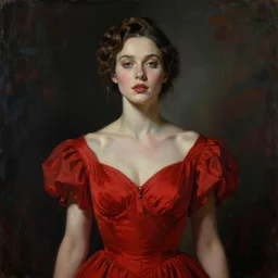 cinematic painting of a woman in a red dress in the style of artist zdzislaw beksinski, symmetrical composition