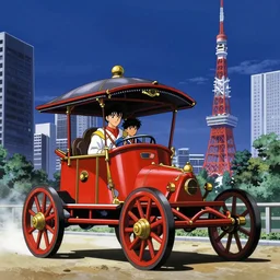 a chariot in tokyo, 1990s anime, full color,