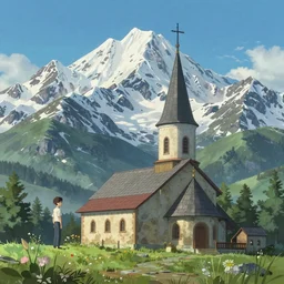 Church at the foot of Mount Kazbek, by Makoto Shinkai and Thomas Kinkade, fantasy matte painting, trending on cgsociety and unreal engine，light effect，highly detailed，super wide angle，