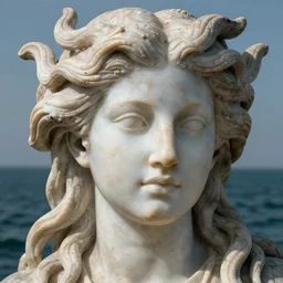 female medusa statue with long hair, marble statue, conce beautiful delicate face, macro shot head, sea background