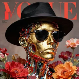 a head made out of metal and glass melting, it is of black and golden and red color, it is wearing sunglasses and a hat, there are flowers all around it, vogue cover style, greg rutkowski style
