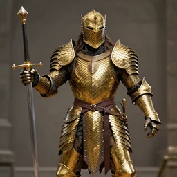 a skinwalker wearing scale armor made of gold wileding in its right hand a zweihander
