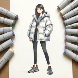 a copic markers sketch of a girl wearing a puffy japanese anorak and tight leggings yeezy 5 0 0 sneakers