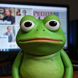 closeup potrait of sad pepe frog In a dark room behind a computer, screen light, dimly lit, sharp, detailed face, magazine, press, photo, Steve McCurry, David Lazar, Canon, Nikon, focus