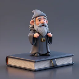 a realistic diminutive gray haired old wizard figurine standing on a giant book, realistic, 3 d render, behance, octane render, glossy, reflecting,