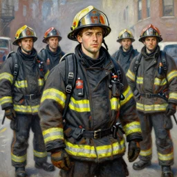 attractive male, firefighters of new york city, painting by tom of finland, gaston bussiere, craig mullins, j. c. leyendecker, claude monet