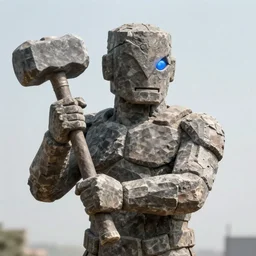 cinematography realistic detailed picture of stone humanoid cyclope holding a hammer without mouth, triangular helmet, blue light from eye, rough stone texture, hazy skies in the background, unreal engine,