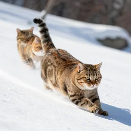 a ball of cougars rolling down a snowy hill