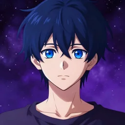 a dark blue haired anime boy with deep blue eyes, with an indigo - tinted cosmic background