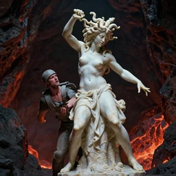 cinematic action still of Medusa turning a solider into a marble statue in a cave with lava by Greg Rutkowski, 4k, masterpiece, Trending on Artstation