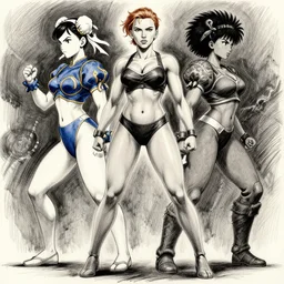 most strongest pose, scarlett johansson as baki with perfect symmetrical anatomical proportions, chun li, afro samurai animes style, by greg rutkowski, pencil and ink, dramatic lighting, full body dramatic profile